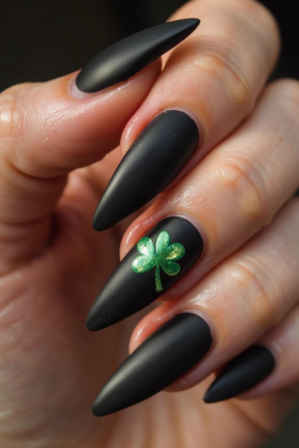 Bold Black & Green Shamrock Stiletto Nails