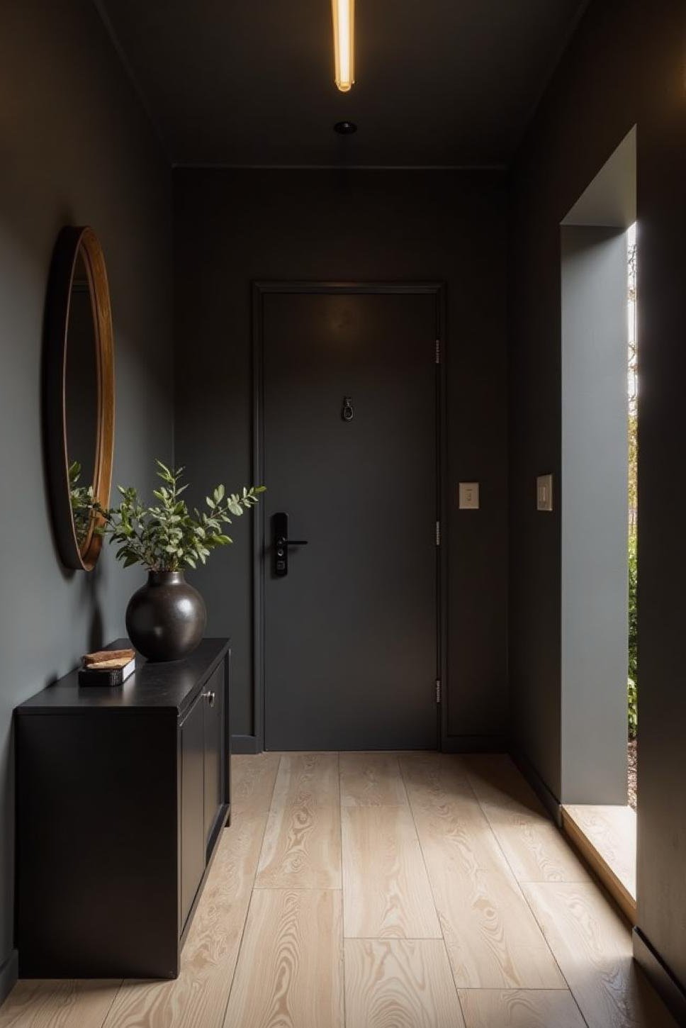 Dark Moody Entryway: Sleek Style, Small Space