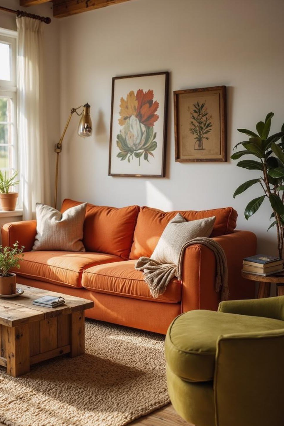 Cozy Burnt Orange and Green Living Room Design