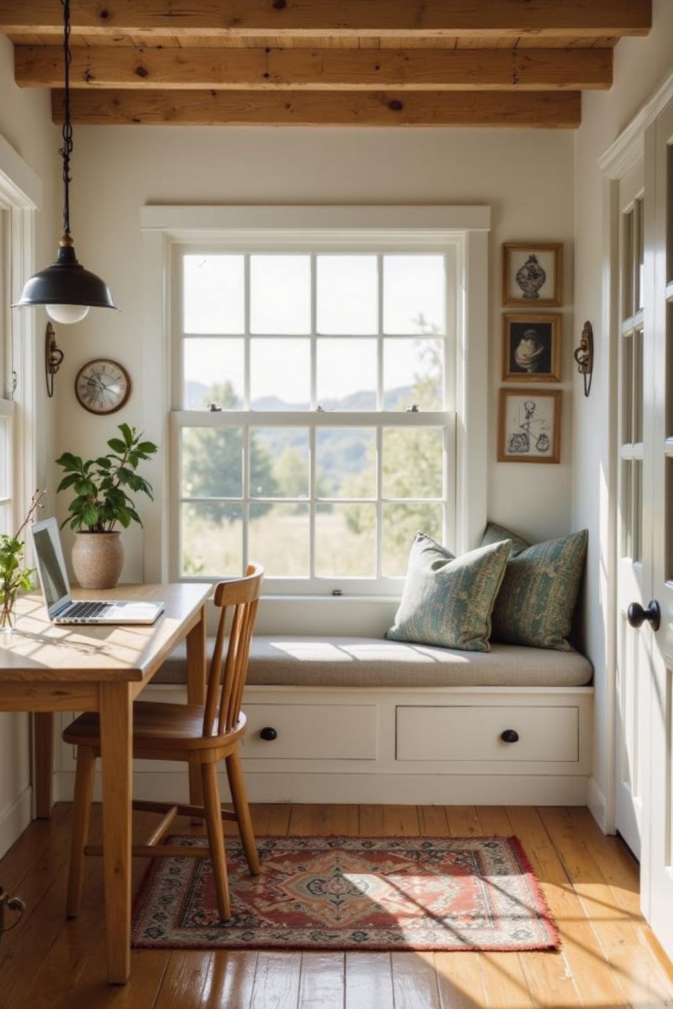 Modern Farmhouse Office: Built-in Window Seat & Desk