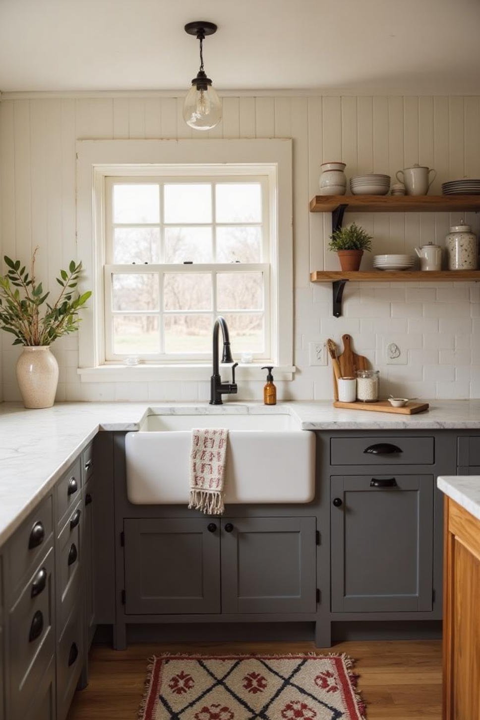 Creamy White Beadboard Accent Wall in Farmhouse Kitchen