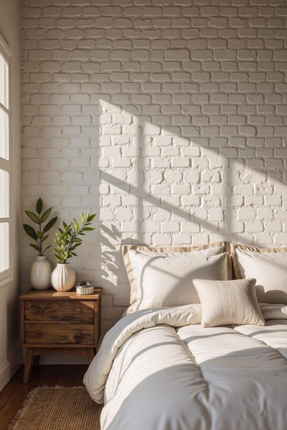 Whitewashed Brick Accent Wall in Modern Farmhouse Bedroom