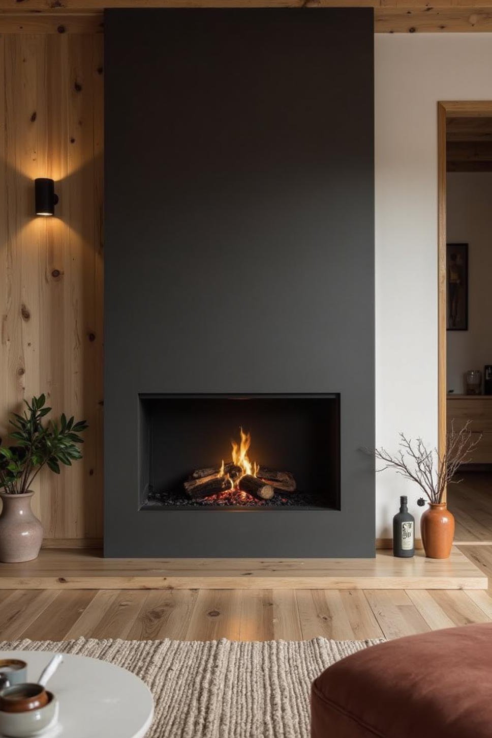 Sleek Black Metal Fireplace: Modern Apartment Design