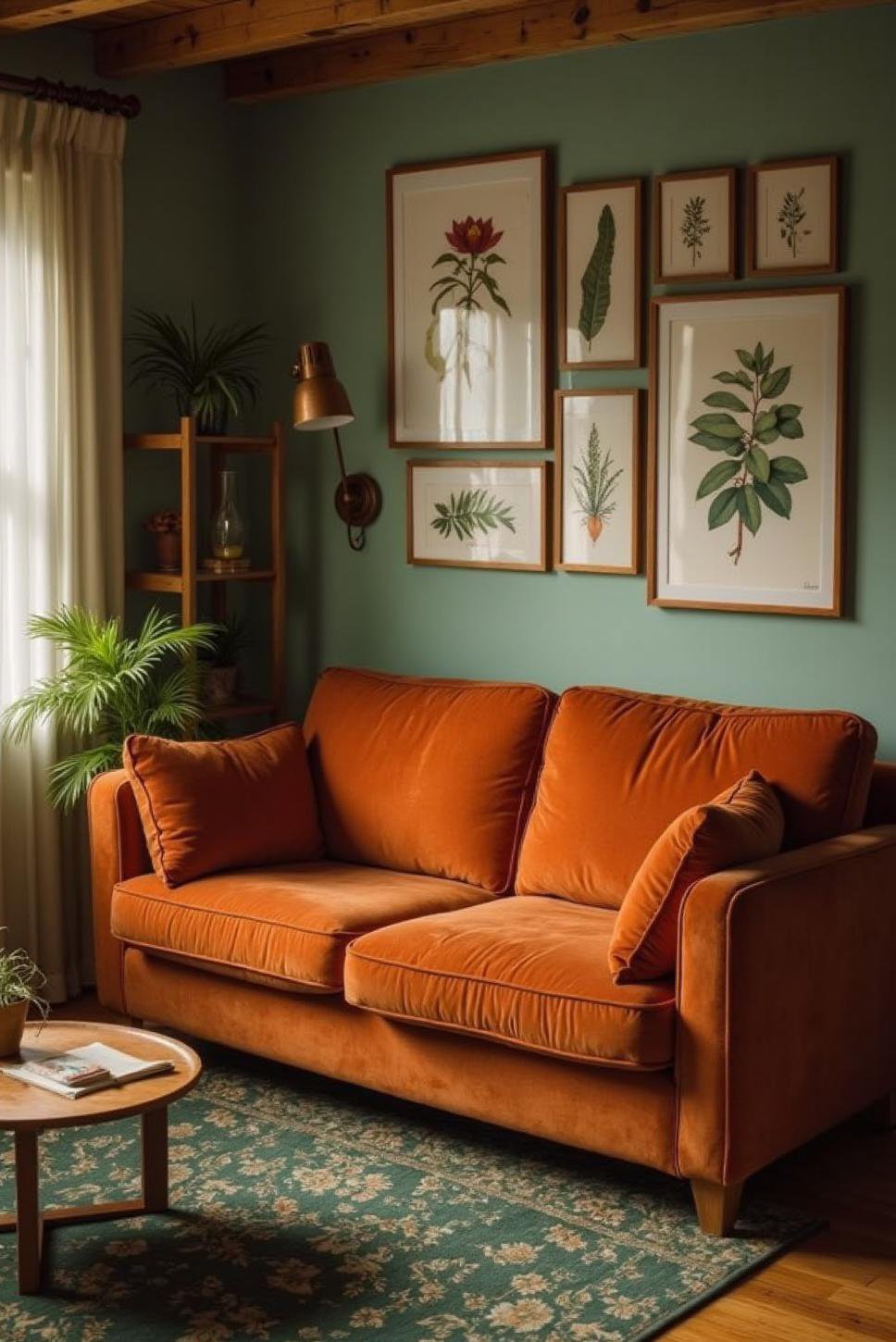 Burnt Orange & Green Mid-Century Modern Living Room