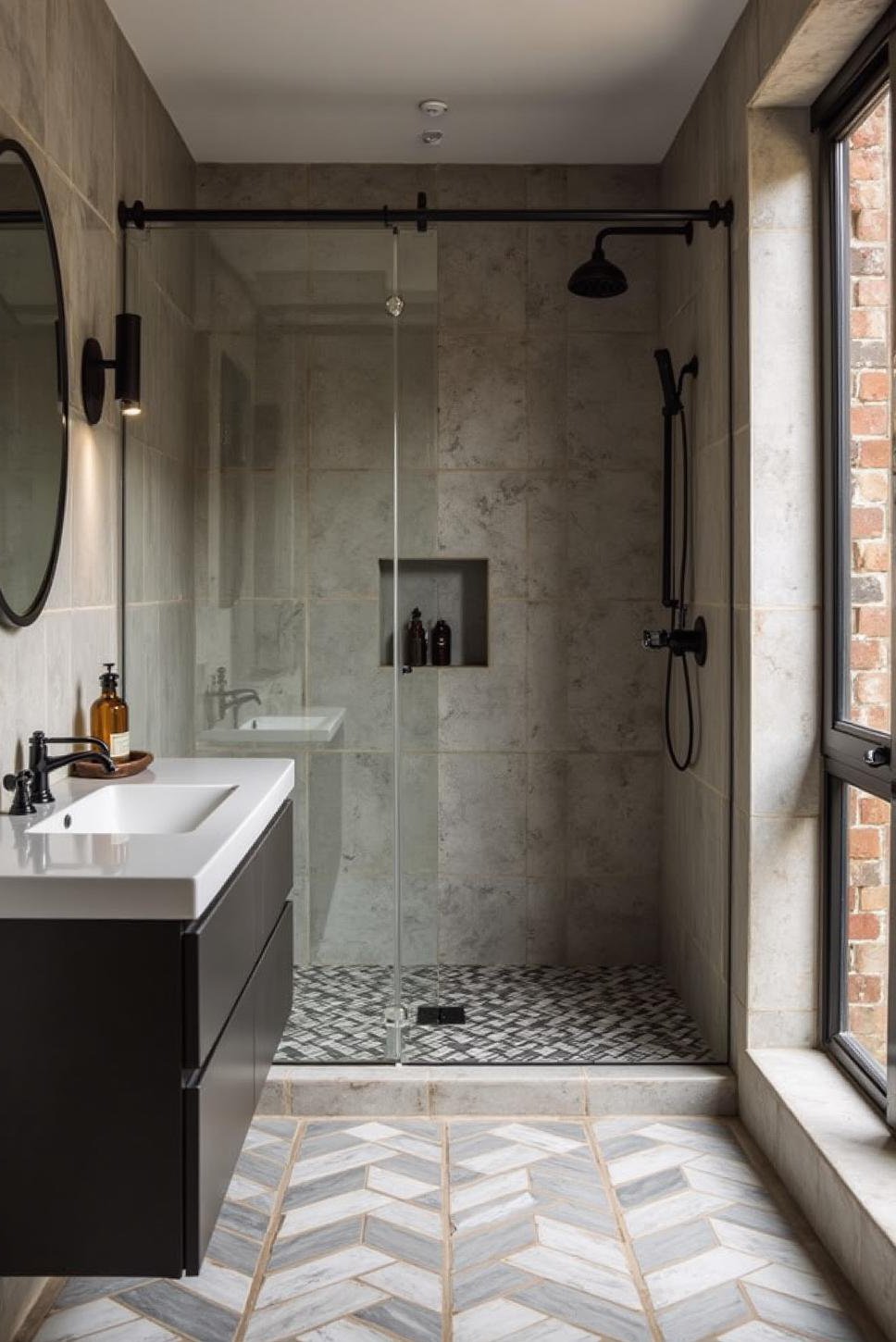 Modern Grey and White Bathroom with Geometric Tiles
