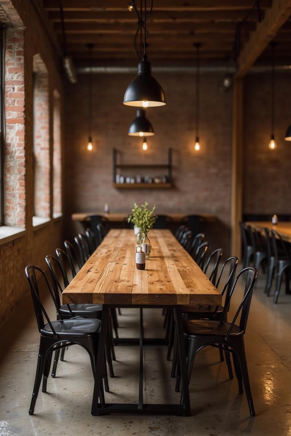 Industrial Dining Area: Brick, Metal & Wood