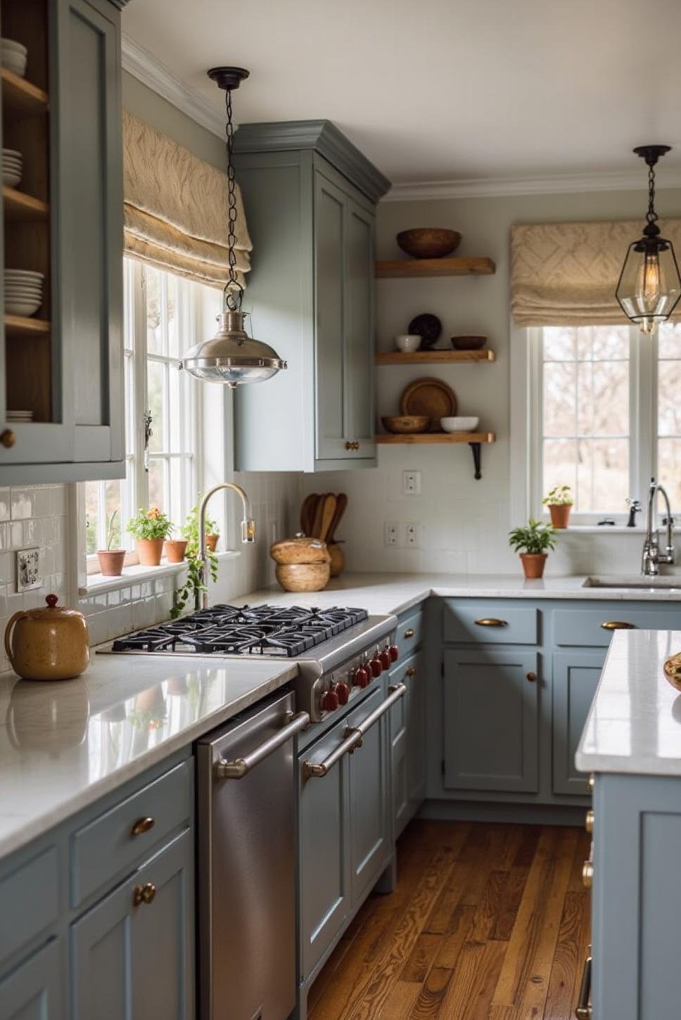 Sophisticated Grey-Blue French Country Kitchen Design