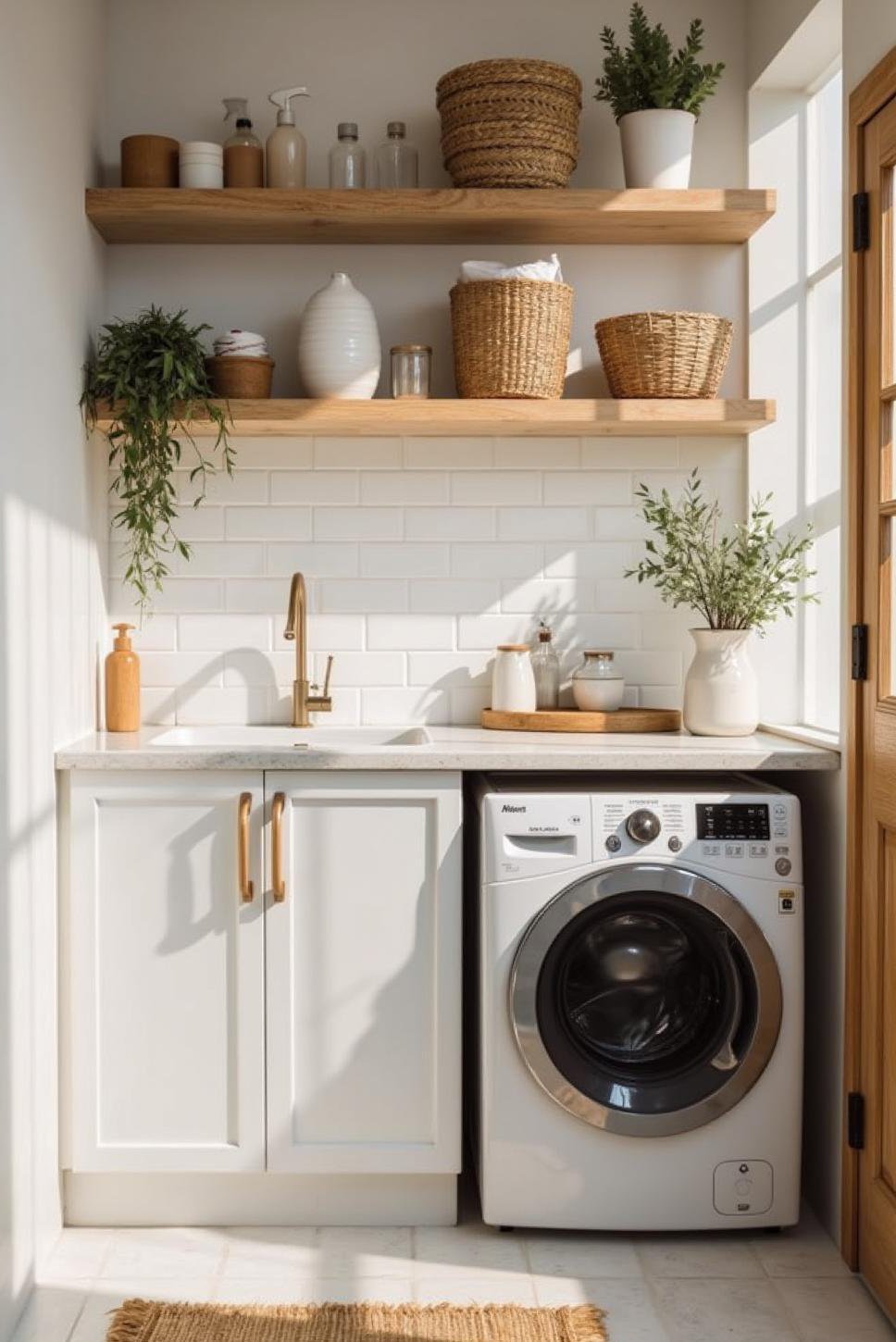 Bright White Faux Brick Accent Wall in Laundry Room