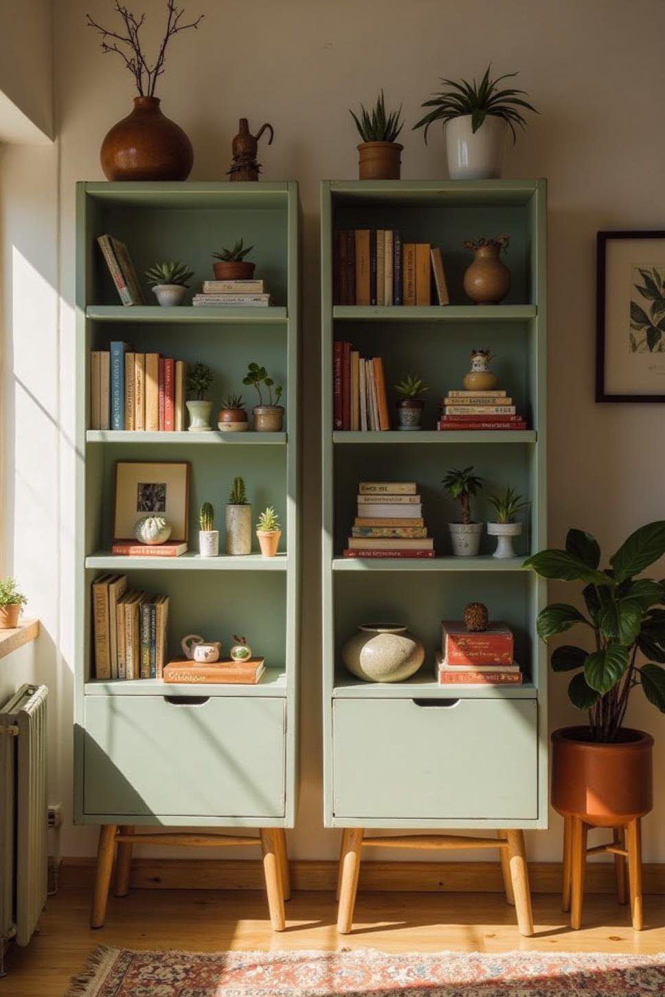 Sage Green Kallax Room Divider: Mid-Century Modern Living Room