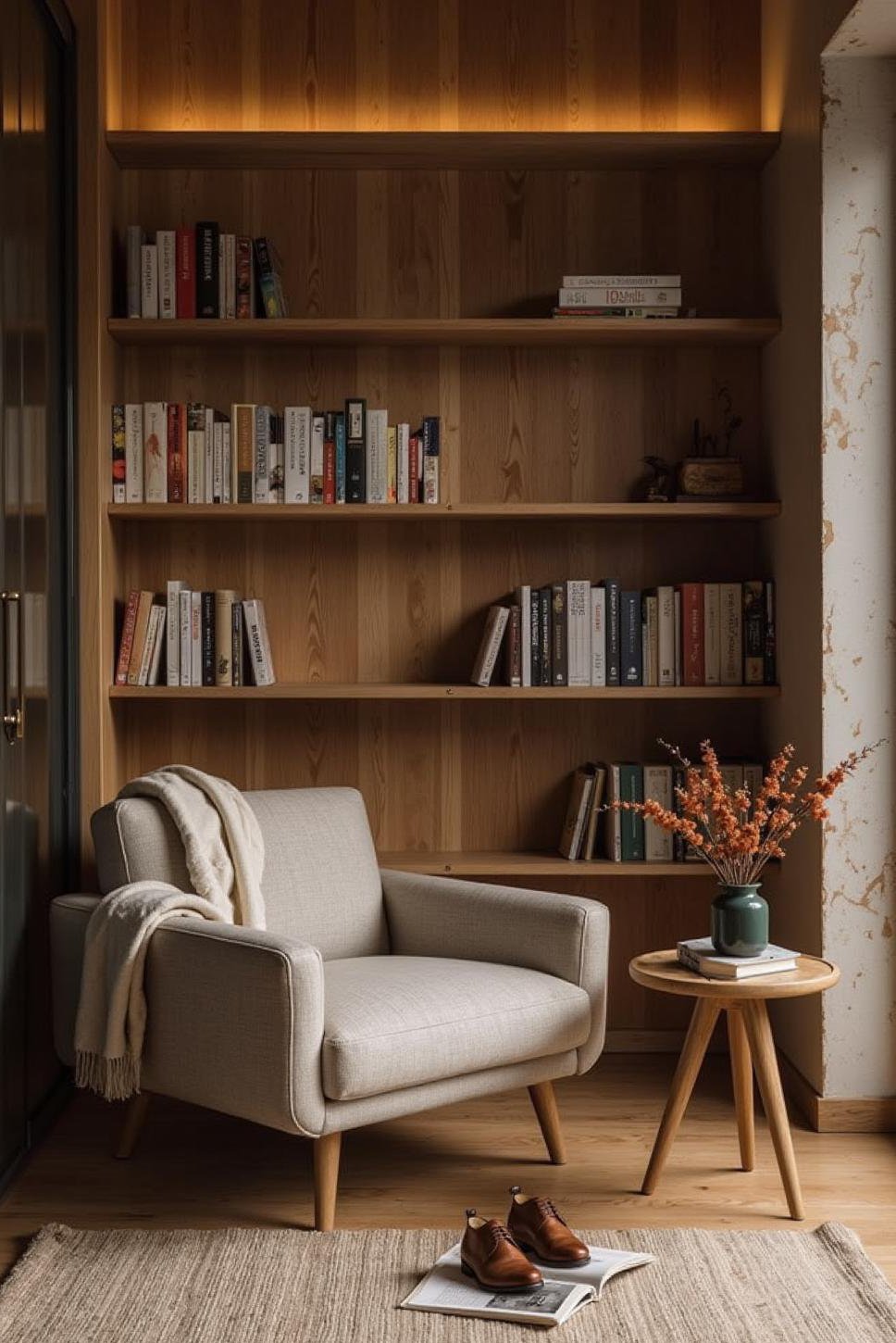 Modern Reading Corner with Sleek Bookshelf