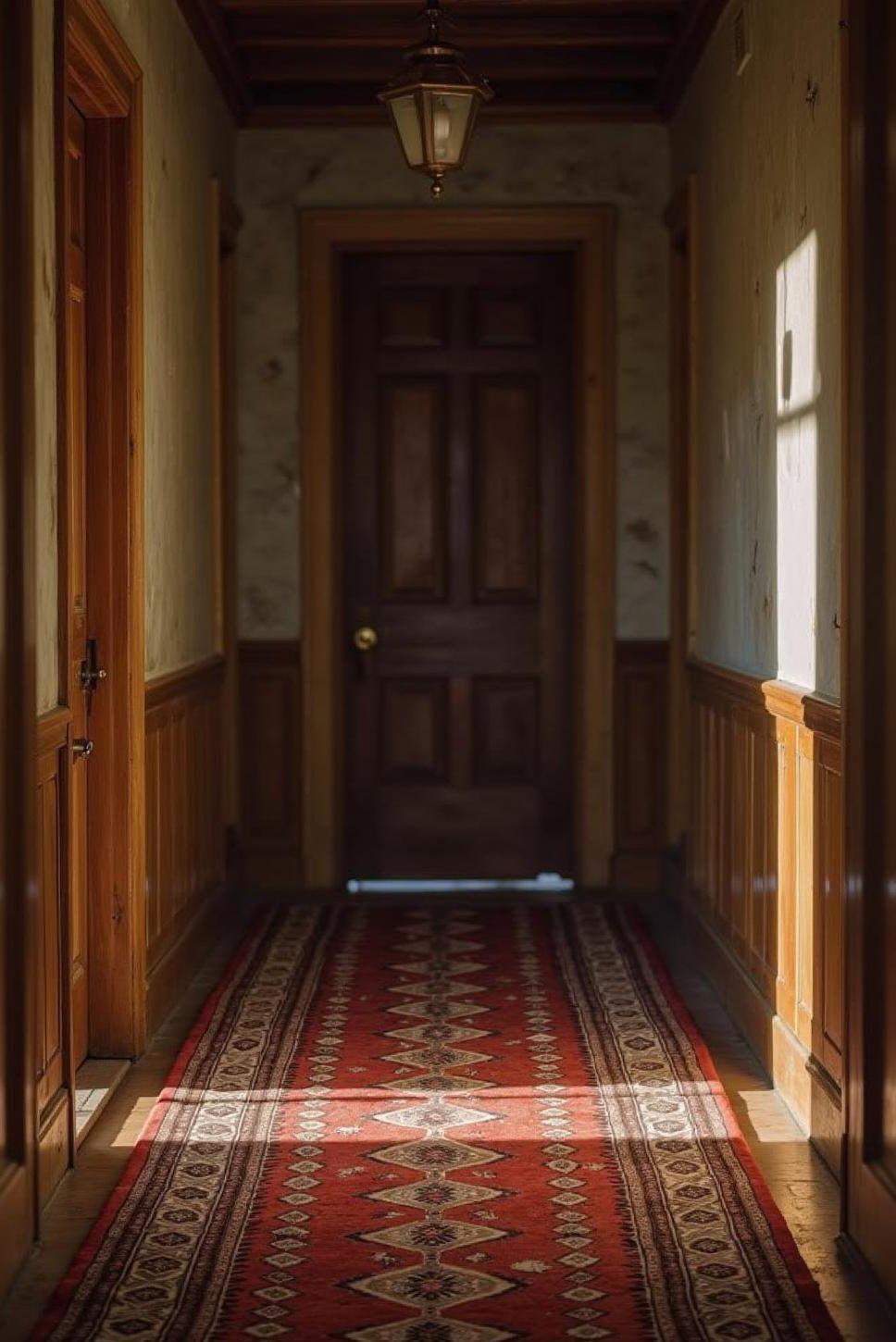 Intricate Runner Rug & Imposing Hallway Door