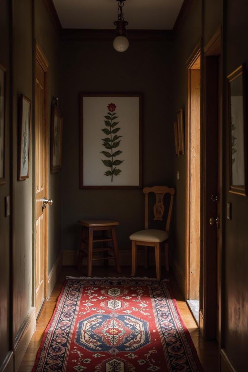 Dark Moody Hallway: Botanical Prints & Patterned Rug