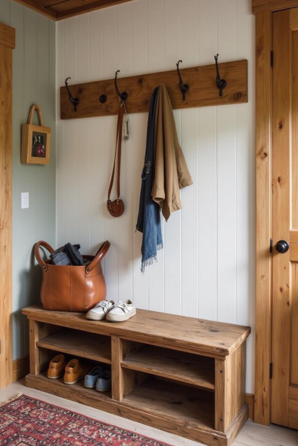 Rustic Minimalist Mudroom: Reclaimed Wood & Peg Hooks