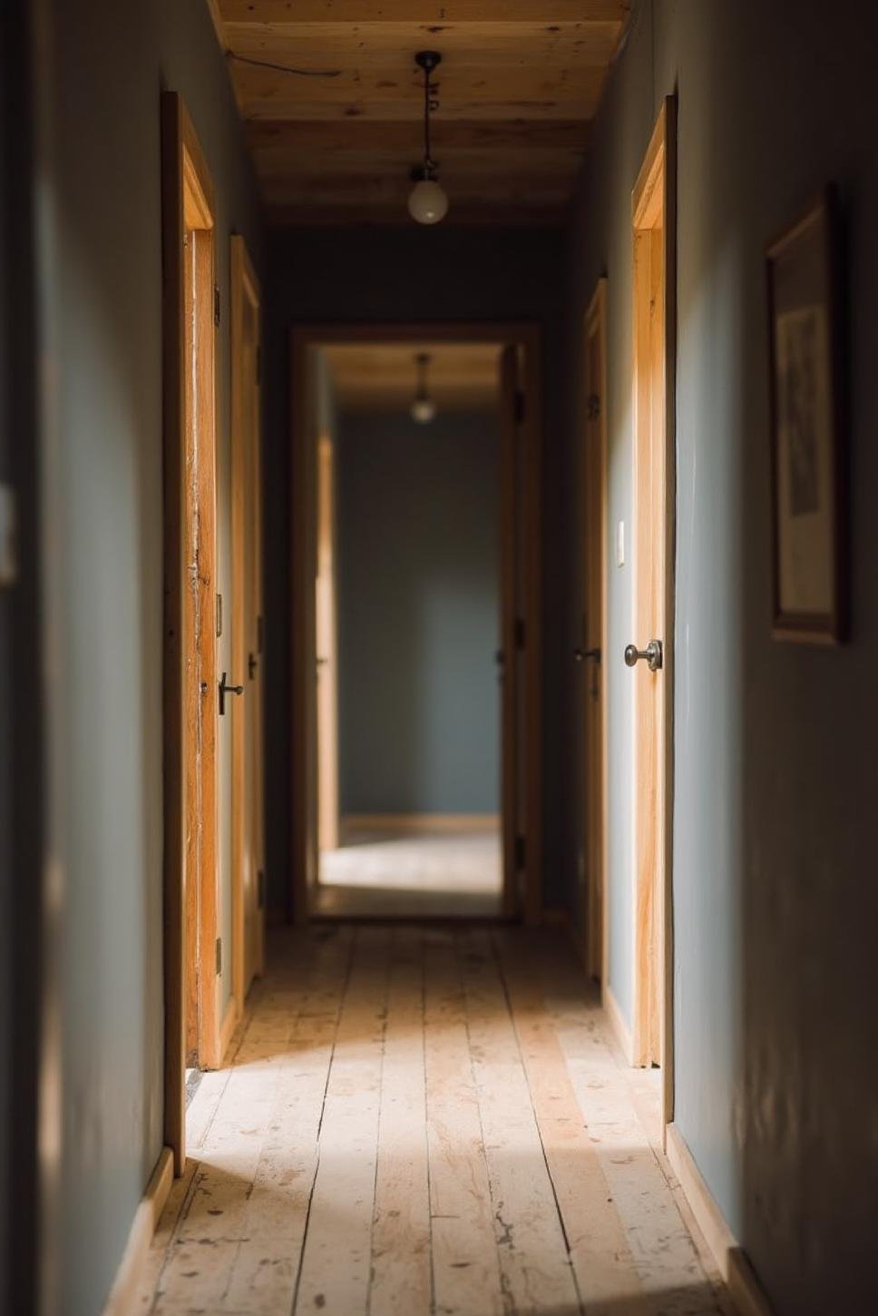 Dark Grey Hallway: Mirror & Light Wood Floor