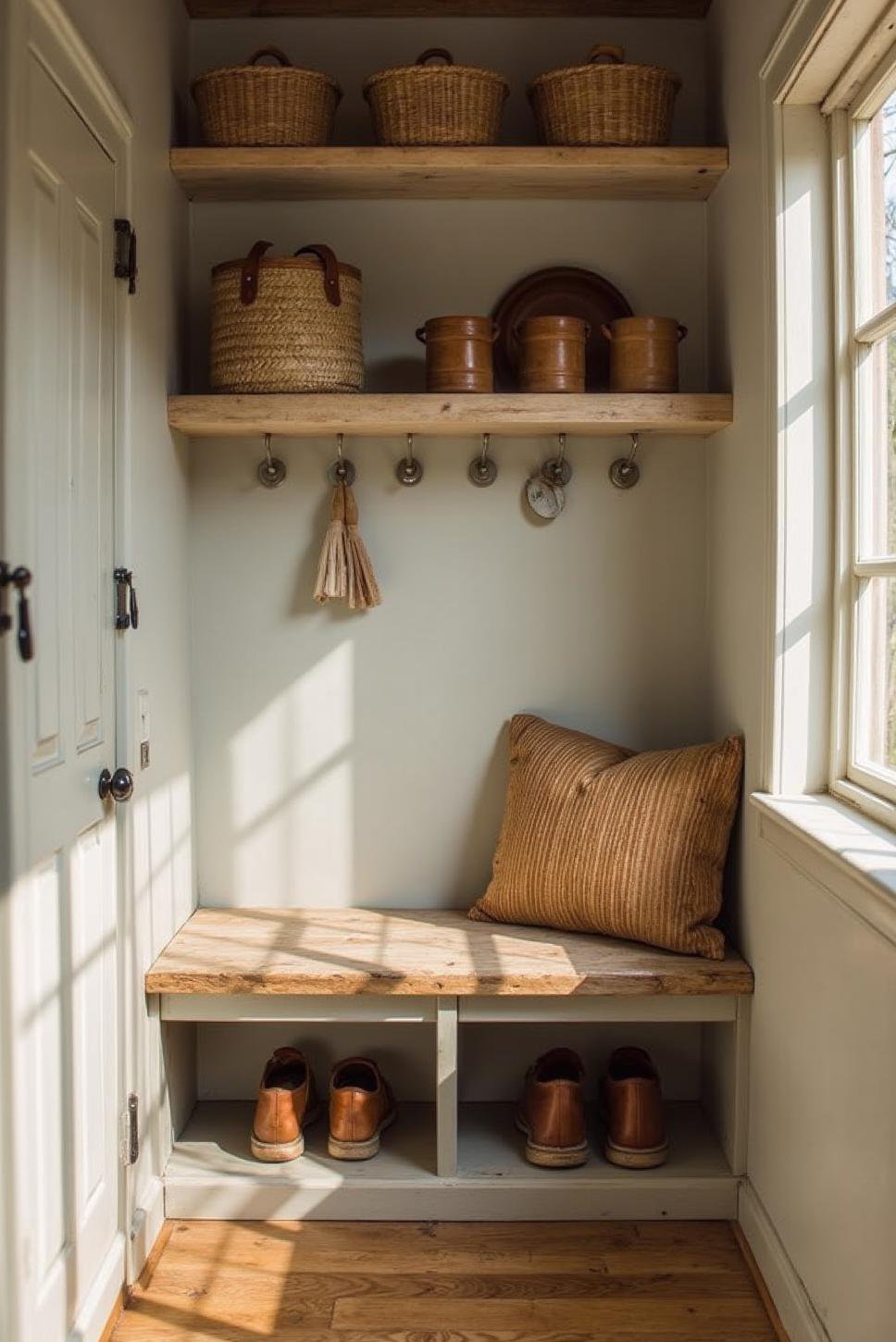 Space-Saving Minimalist Mudroom with Fold-Down Bench