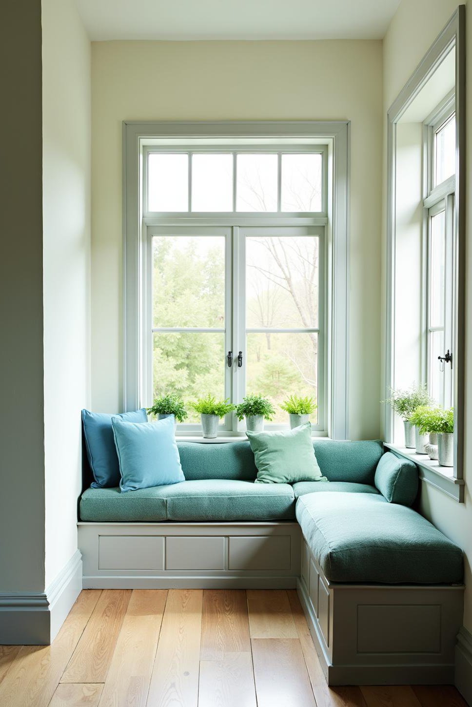 Calming Blue & Green Narrow Sunroom Design