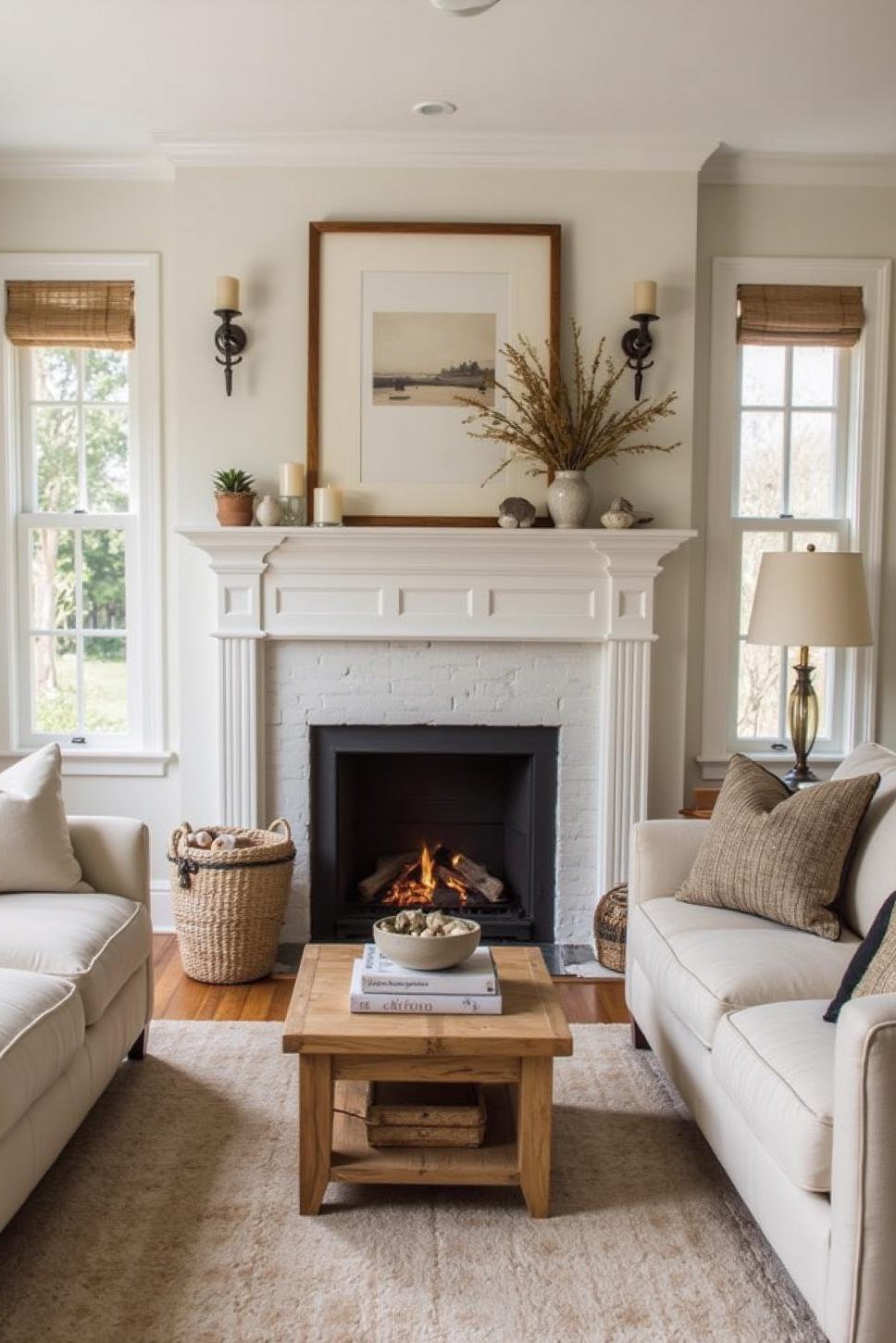 Neutral Coastal Living Room with Fireplace