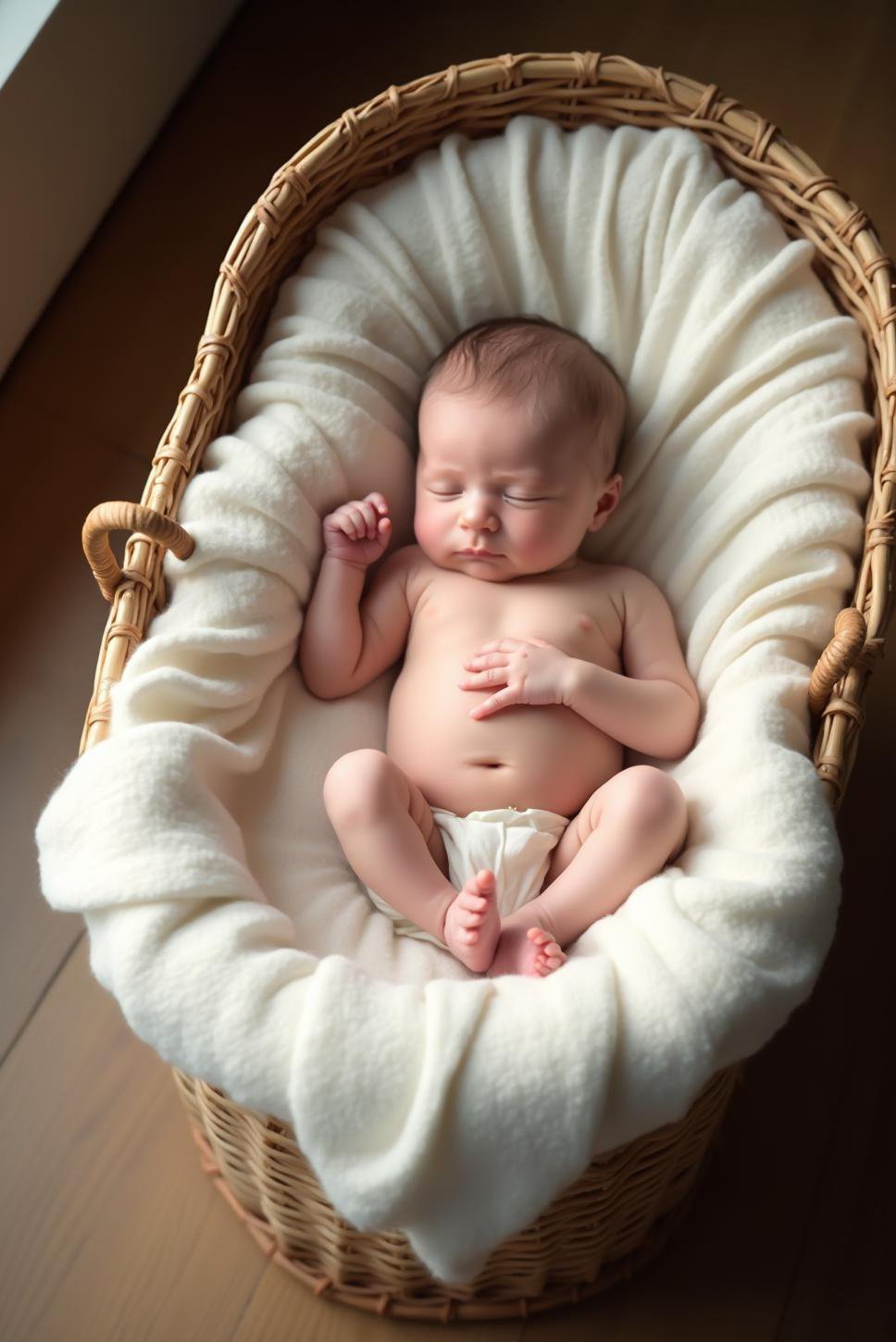 Peaceful Newborn Boy in Wicker Moses Basket