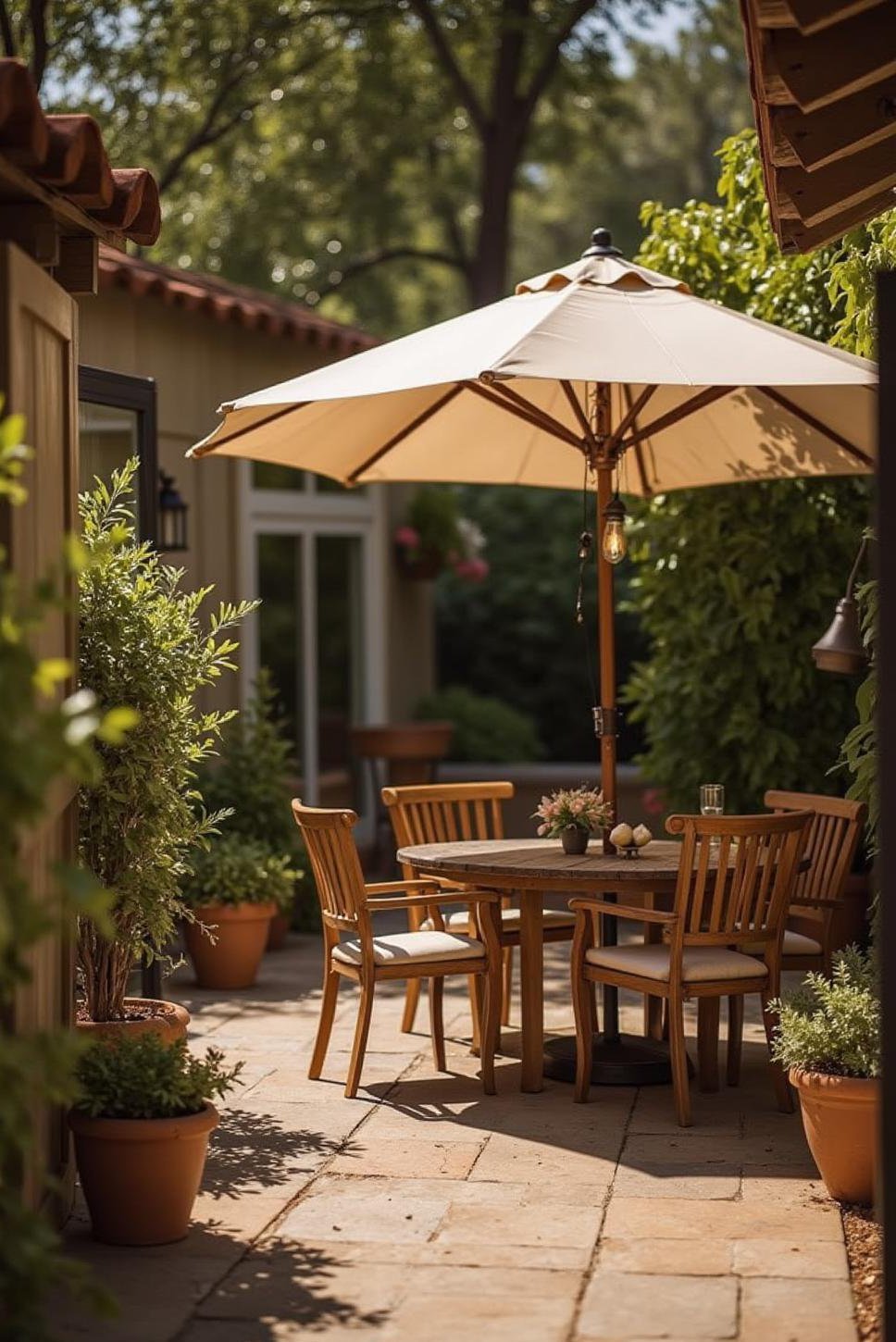 Shaded Patio Oasis: Comfortable Seating & Large Umbrella