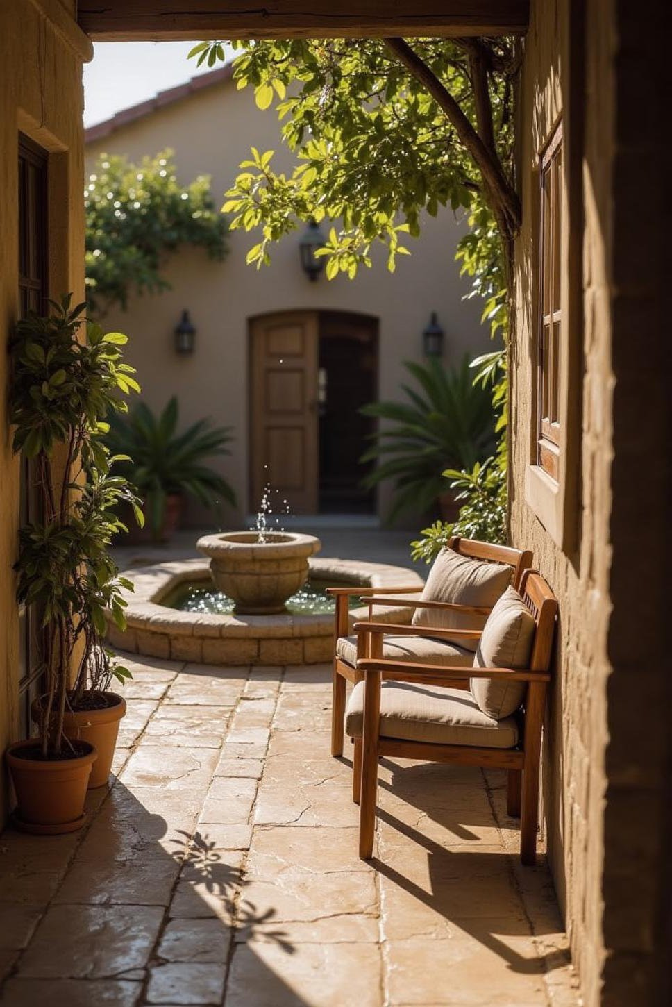 Tranquil Patio: Water Feature & Comfortable Seating