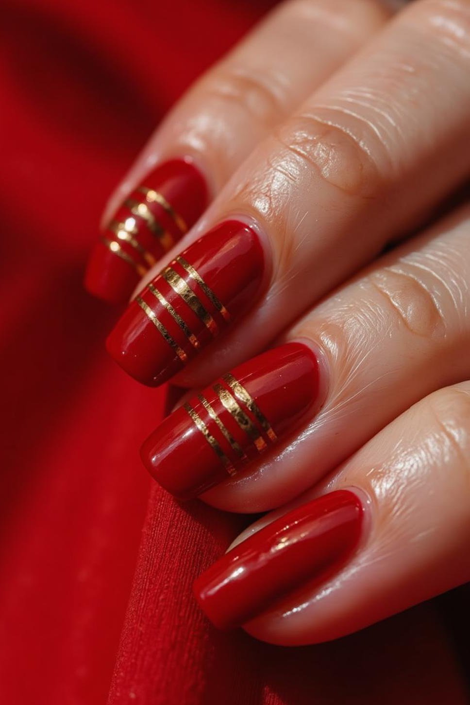 Red Gold Valentine Nails: Luxurious Oval Design