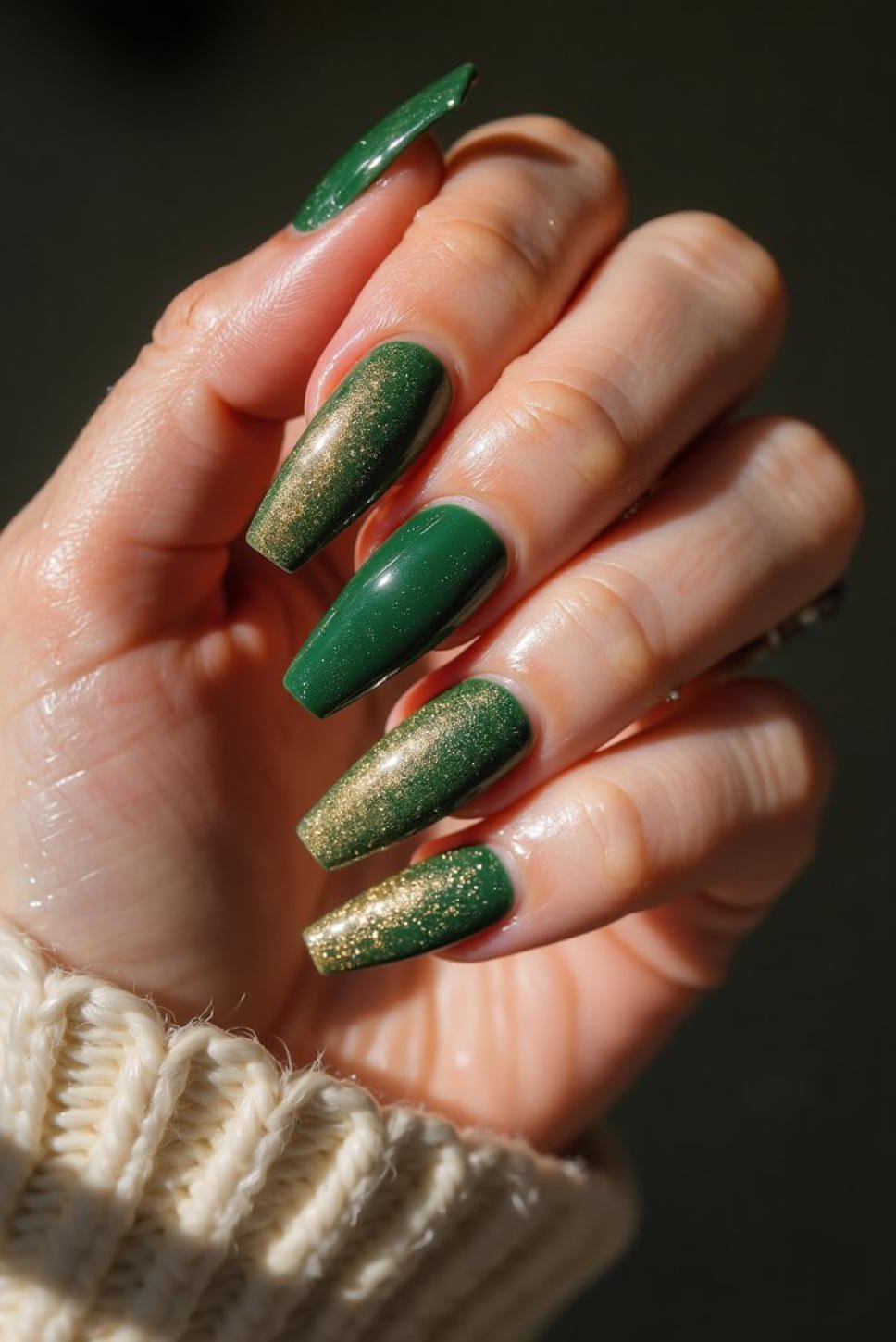Shimmering Green & Gold St. Patrick's Day Acrylic Nails