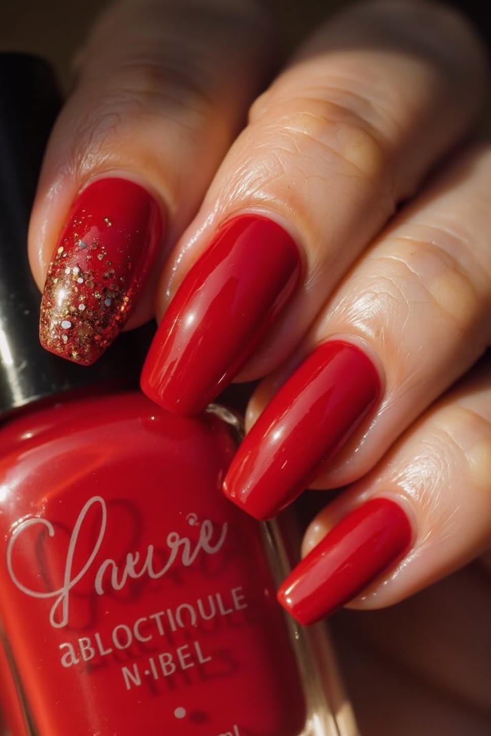 Bright Red & Glitter Valentine Nails: Pointed Design