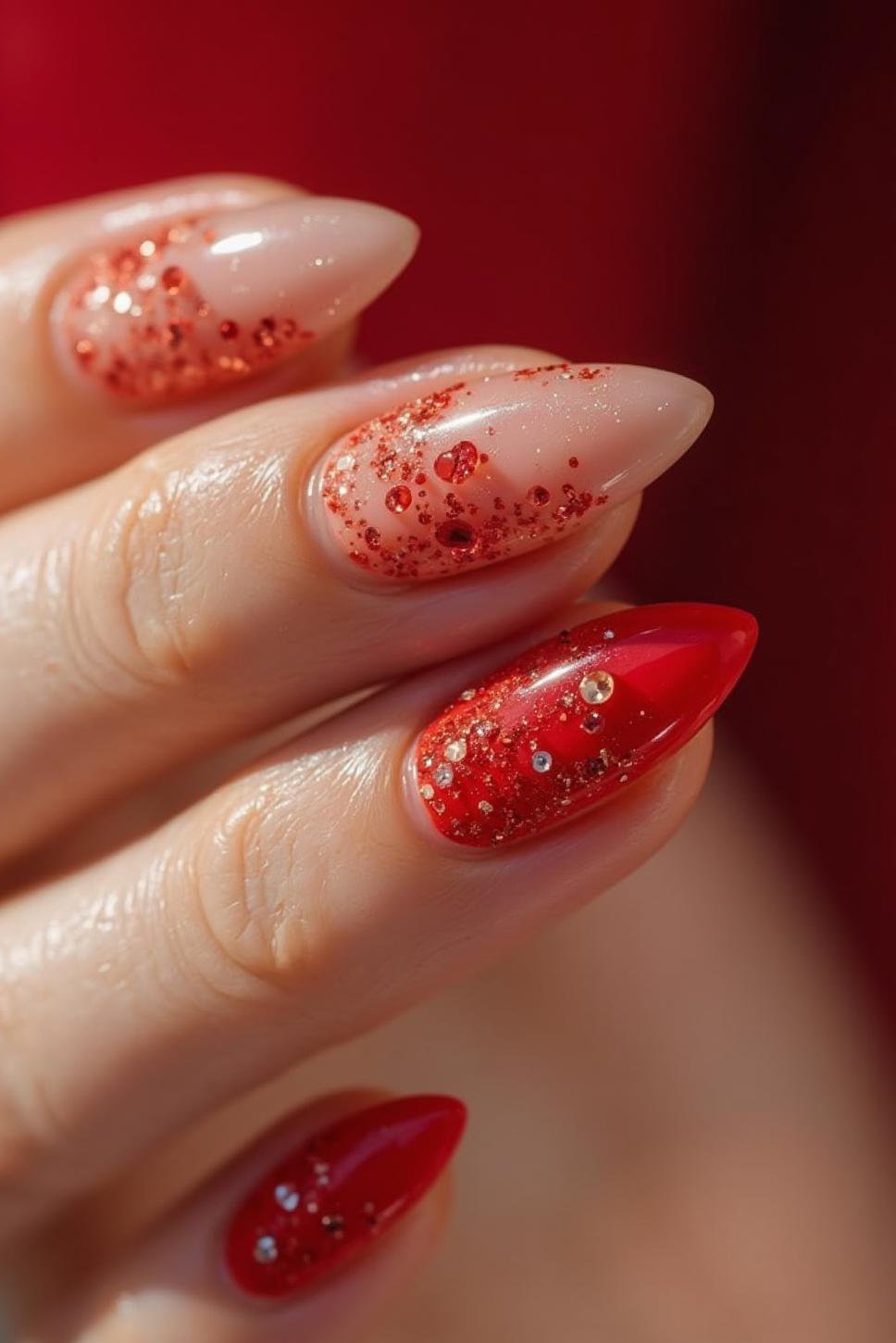 Red Glitter Almond Nails: Subtle Valentine Sparkle