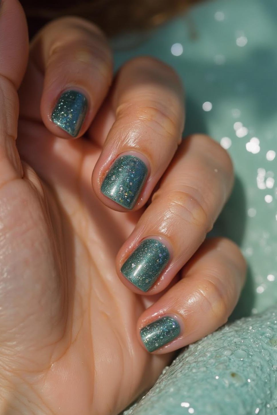 Shimmering Mermaid Nail Art: Blue-Green Holographic Nails