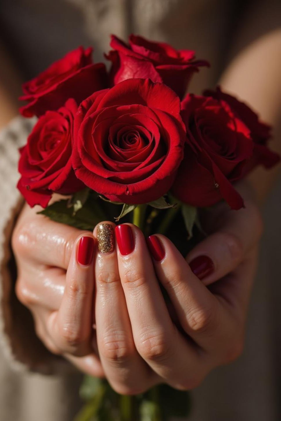 Red Roses & Gold Glitter Valentine Nails