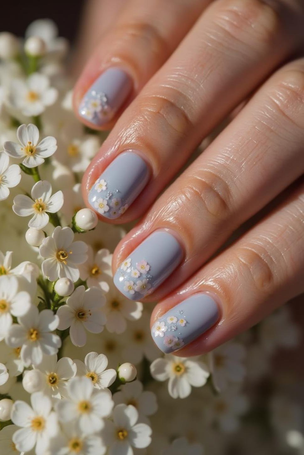 Pastel Blue Spring Nails with White Flowers