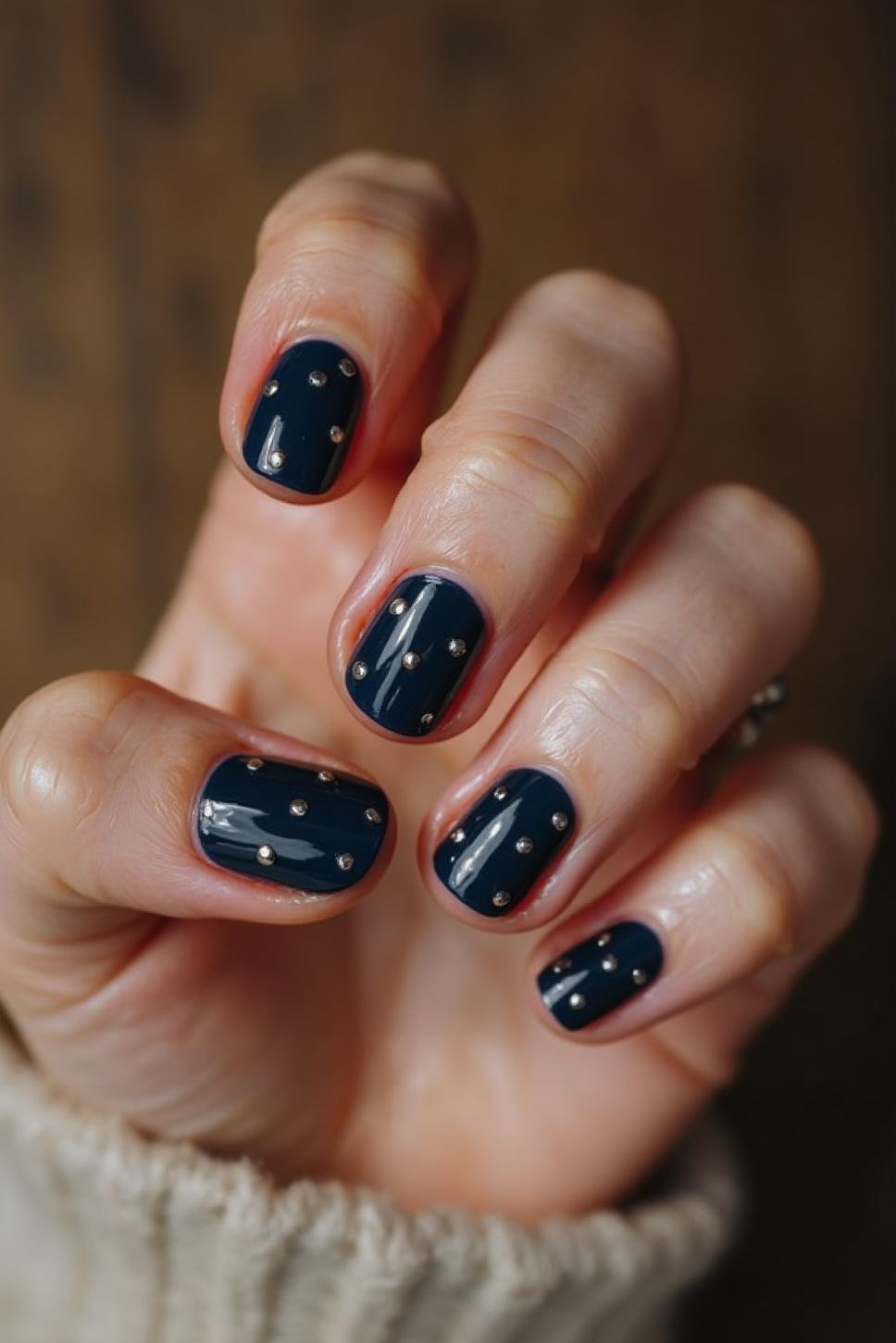 Chic Teacher Nails: Dark Blue & Silver Studs