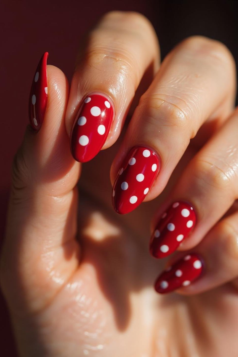 Classic Red & White Polka Dot Almond Nails