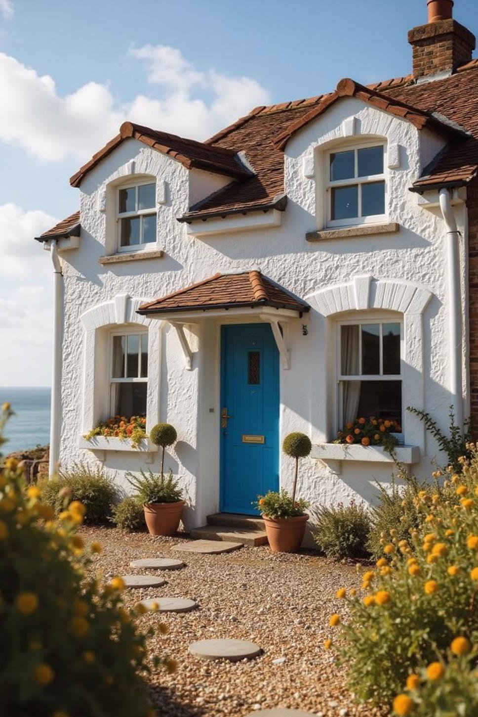 Coastal Dream Cottage: Whitewashed Exterior & Blue Door