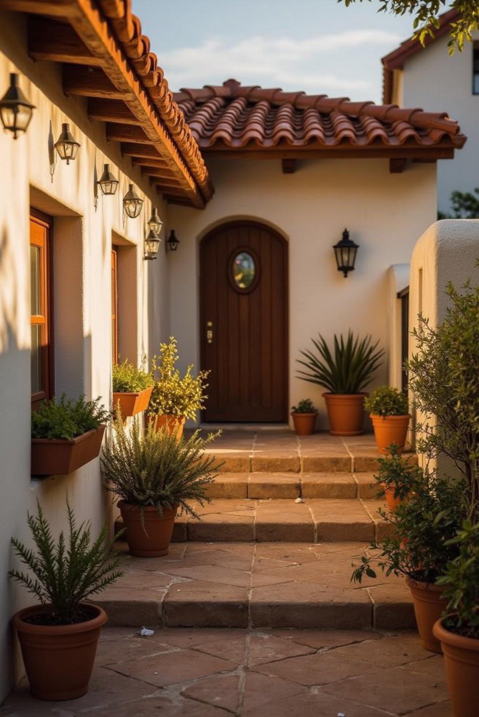 Sunset Glow on Mediterranean Home Exterior