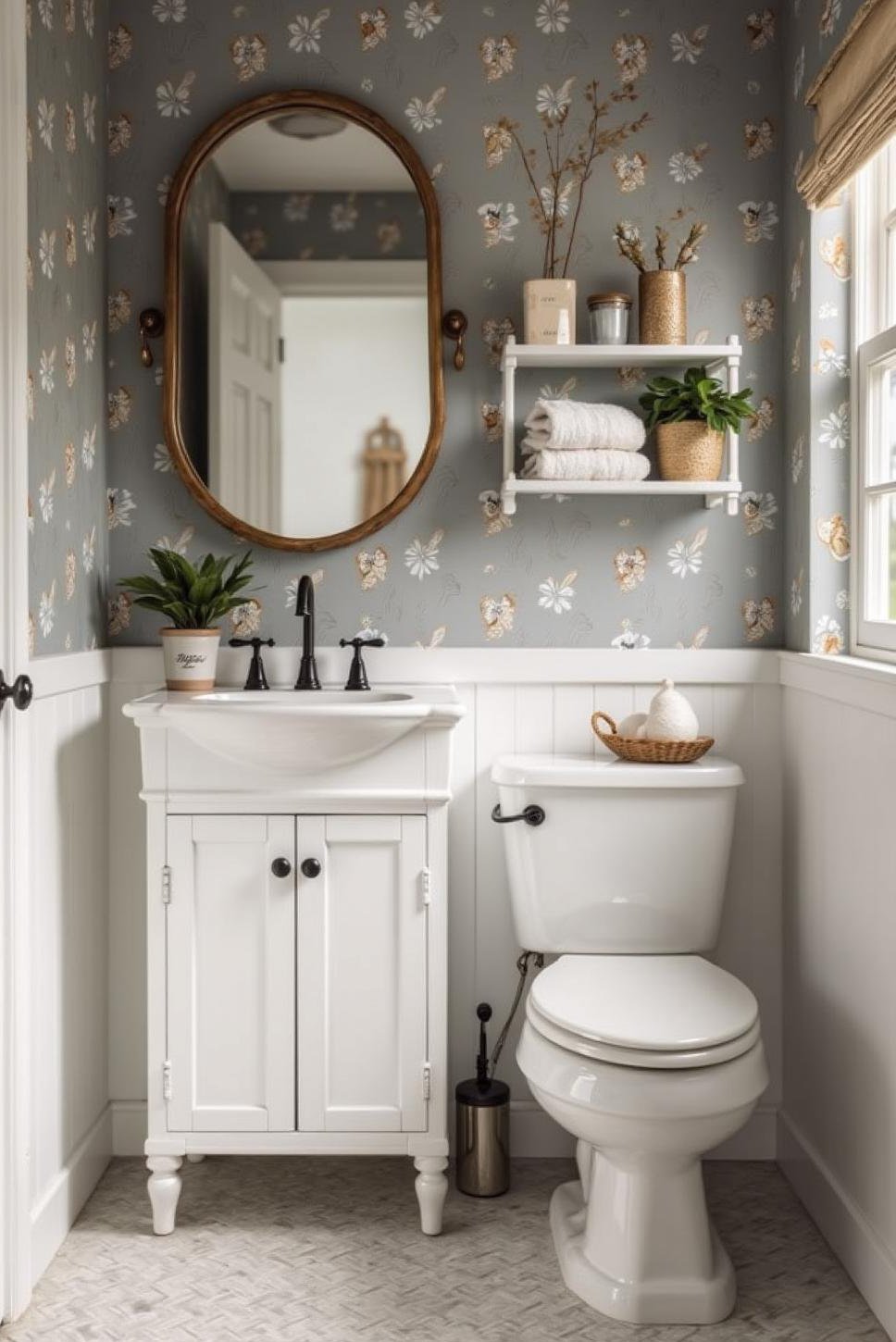 Whimsical Grey & White Bathroom: Fun Wallpaper Design