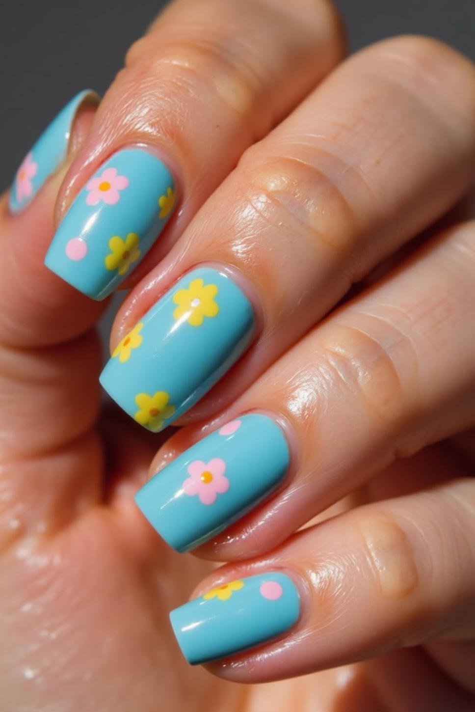 Summery Blue Floral Nails: Pastel Pink & Yellow