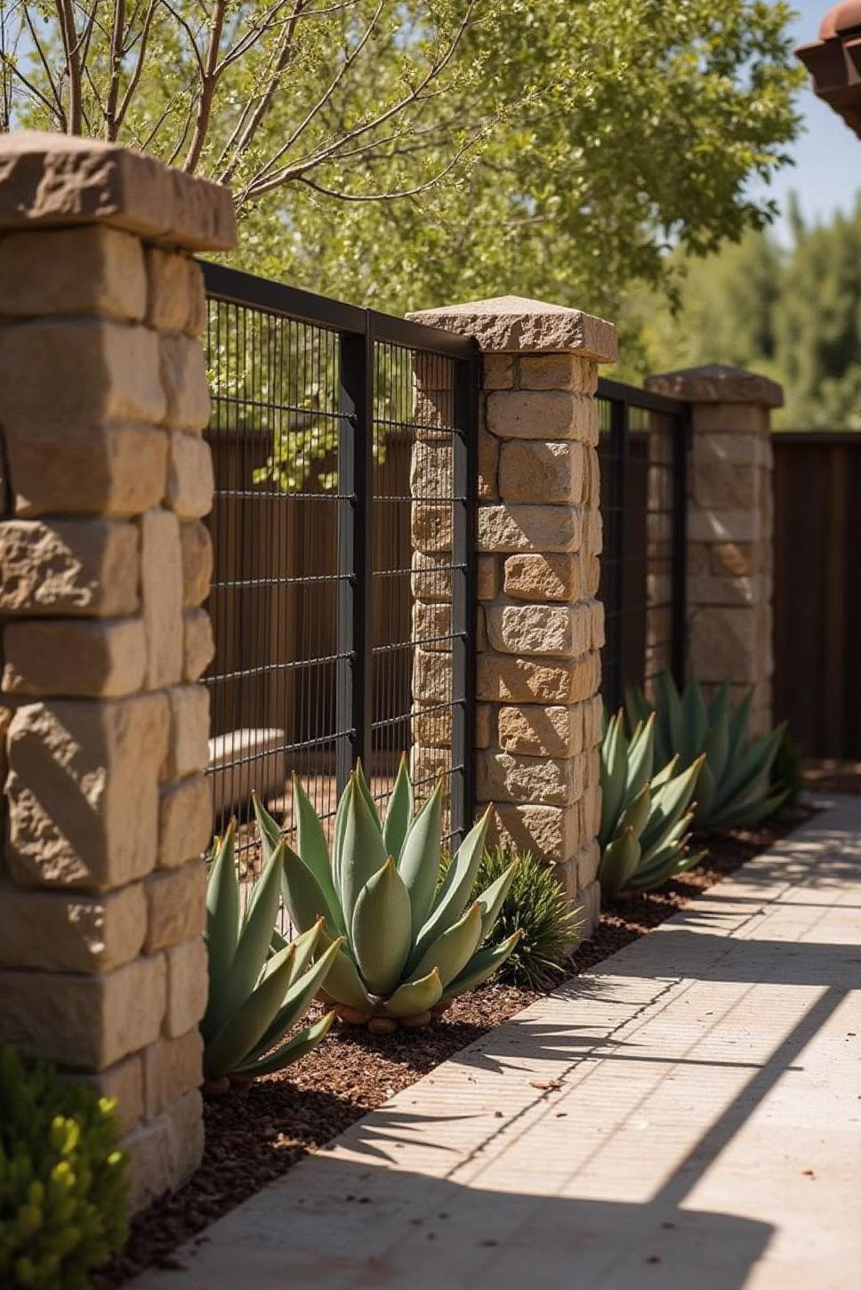 Rustic-Modern Pool Fences: Stone & Wire Mesh Design