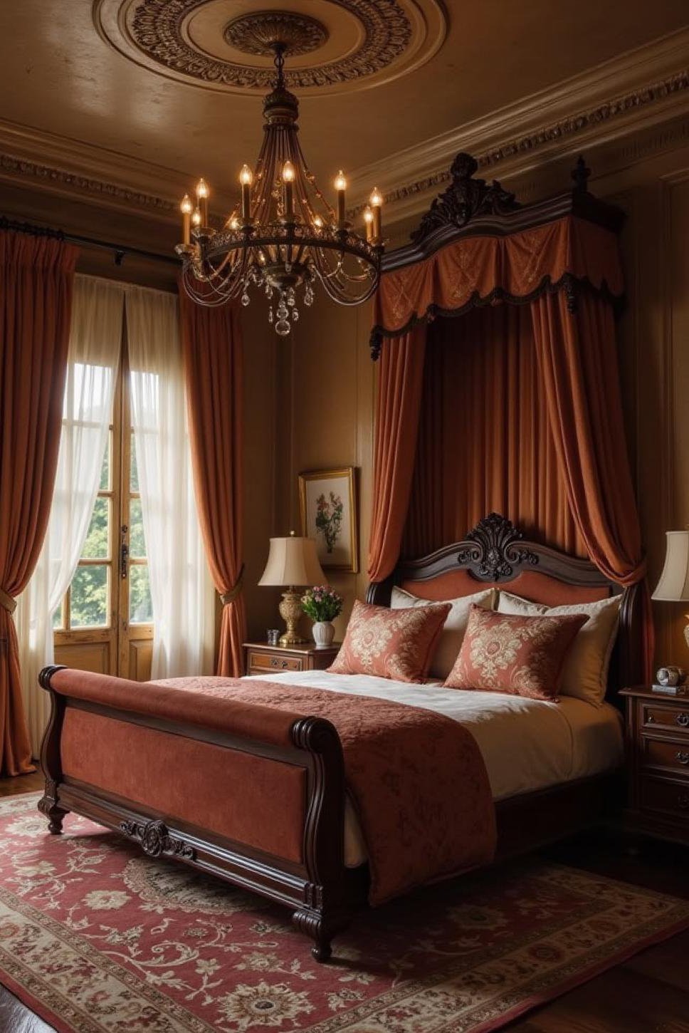 Opulent Master Suite: Dark Wood & Velvet Elegance