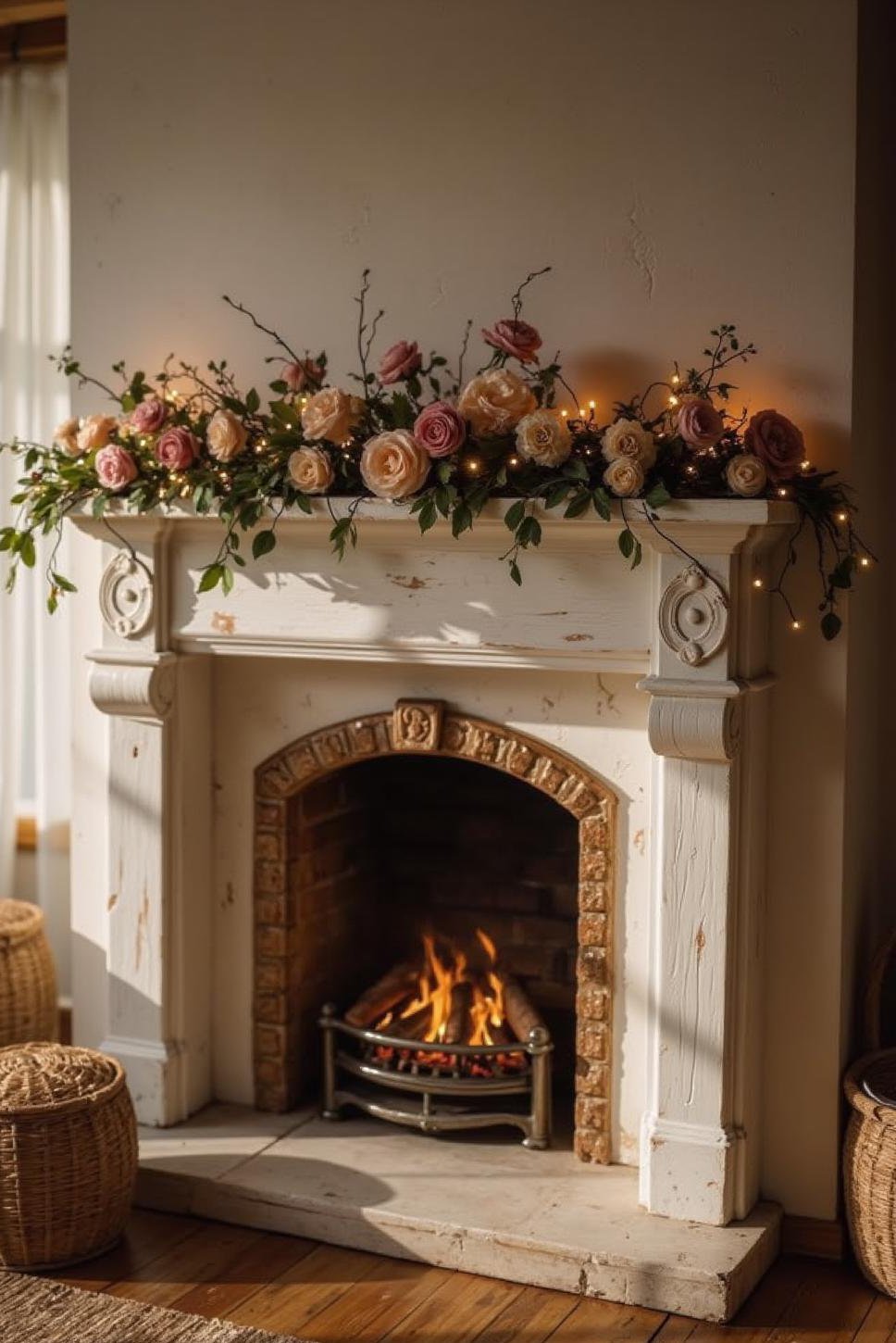 Romantic White Mantel Decor with Fairy Lights