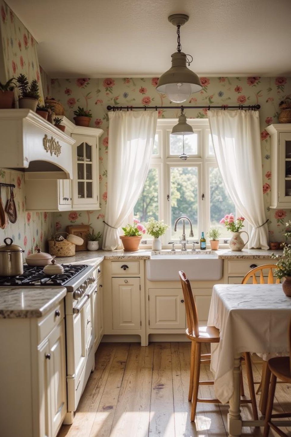 Pastel French Country Kitchen: Floral Wallpaper & Charm