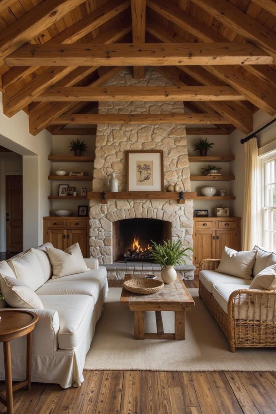 Rustic Beach House Living Room with Stone Fireplace