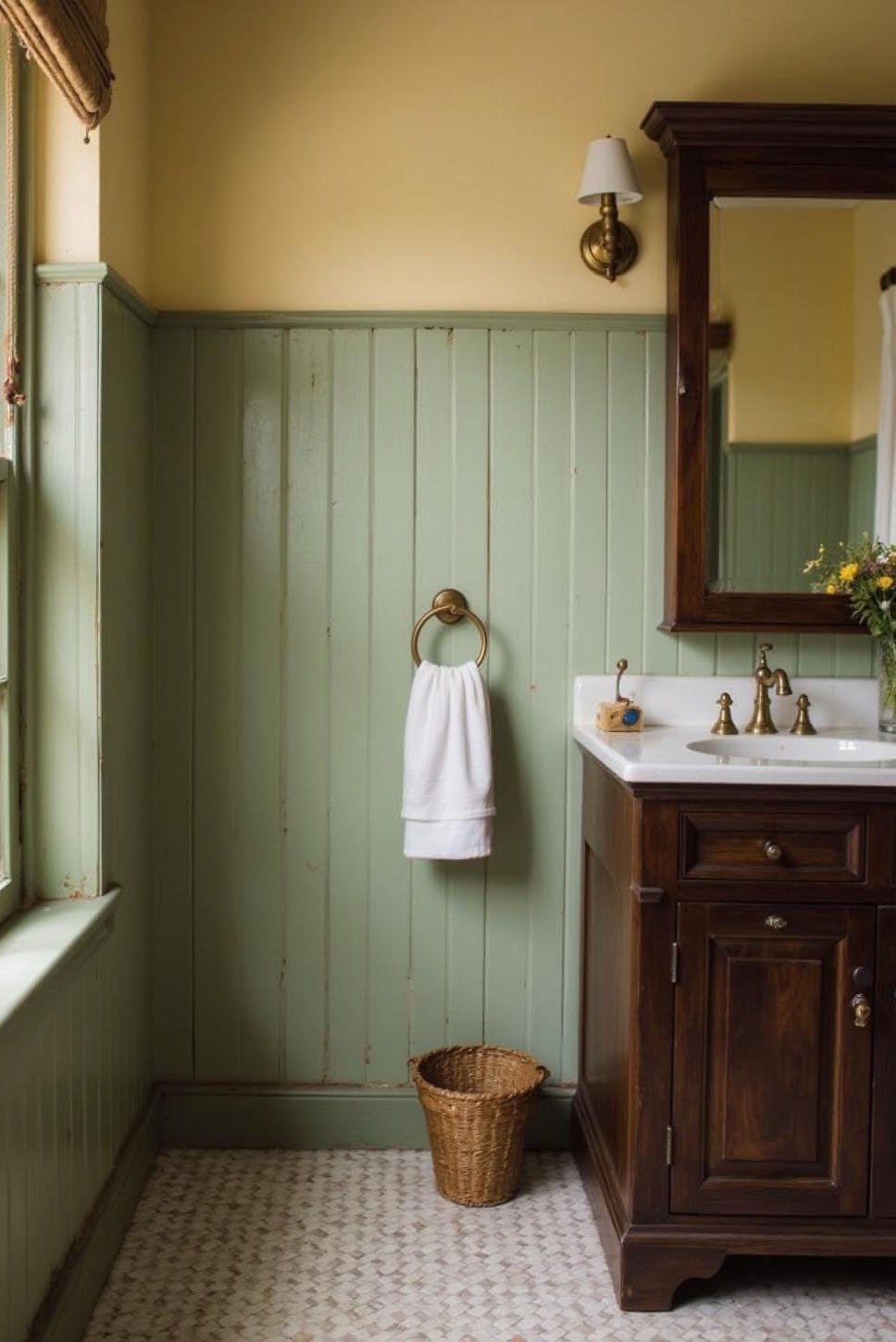 Sage Green Beadboard Bathroom with Dark Vanity