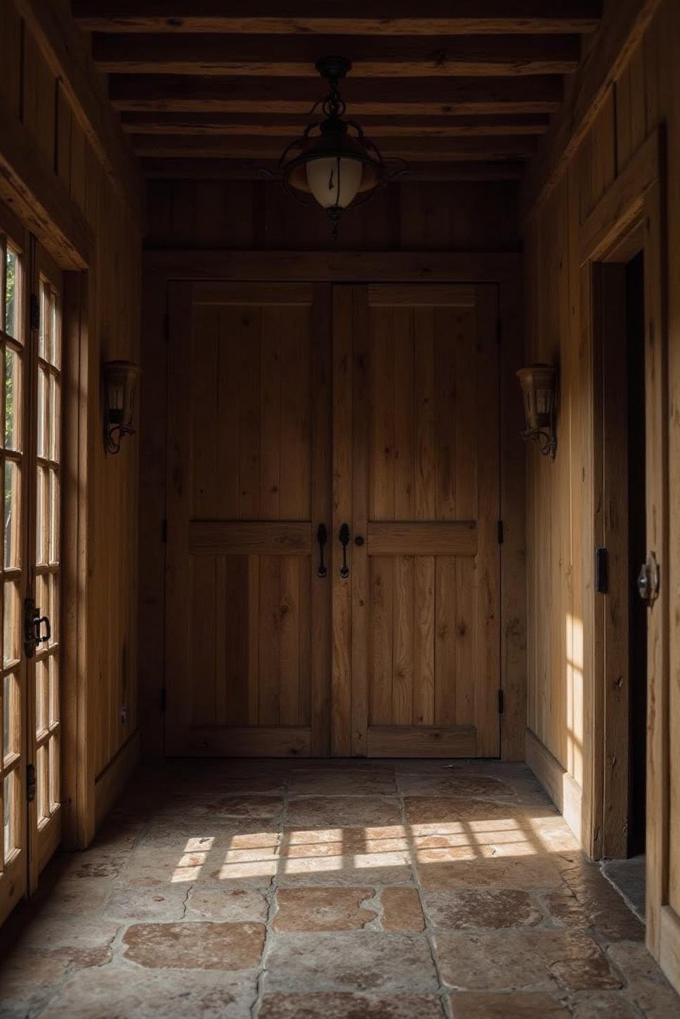 Rustic Dark Entryway: Stone & Wood Charm