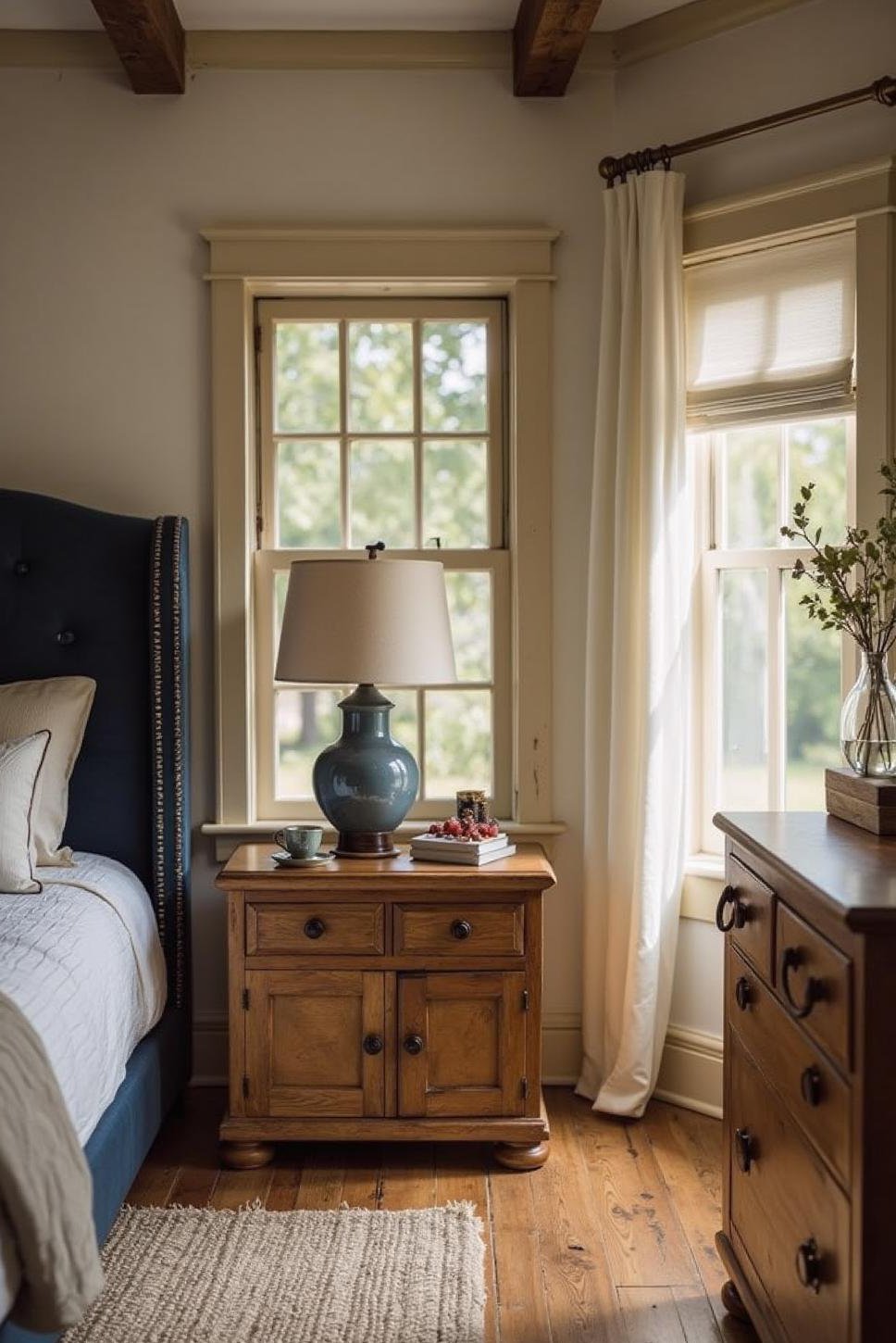 Cozy Farmhouse Bedroom: Cream & Navy Color Scheme