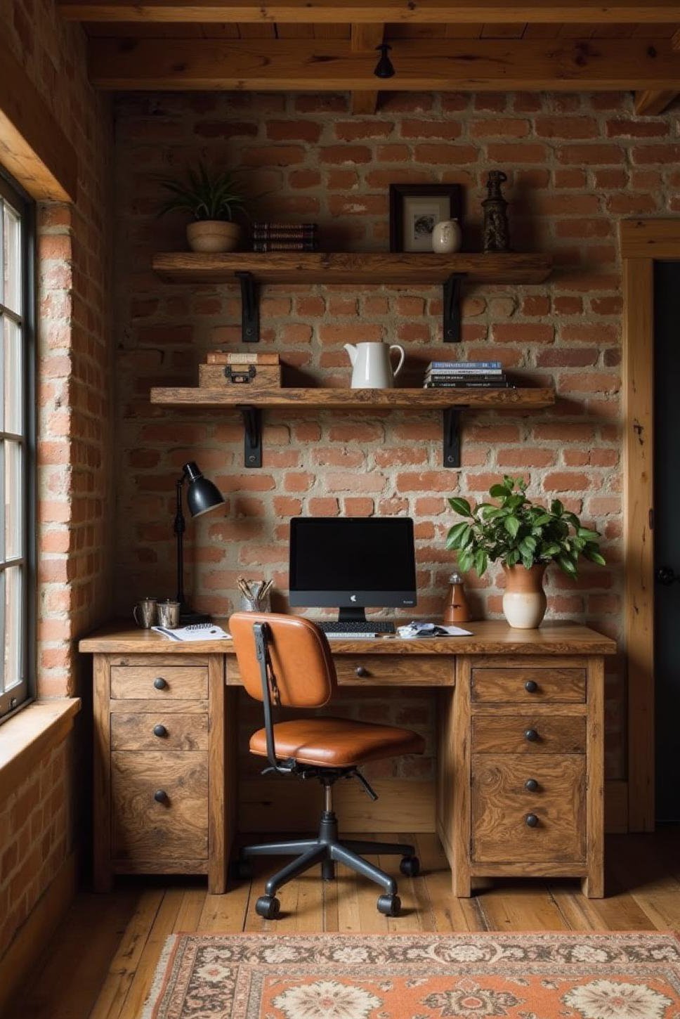 Rustic Farmhouse Office: Reclaimed Wood & Exposed Brick