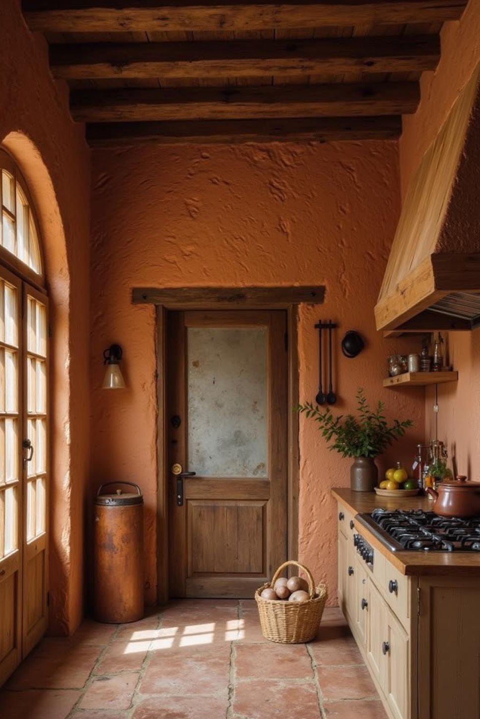 Rustic Terracotta Stucco Walls: Farmhouse Kitchen Design