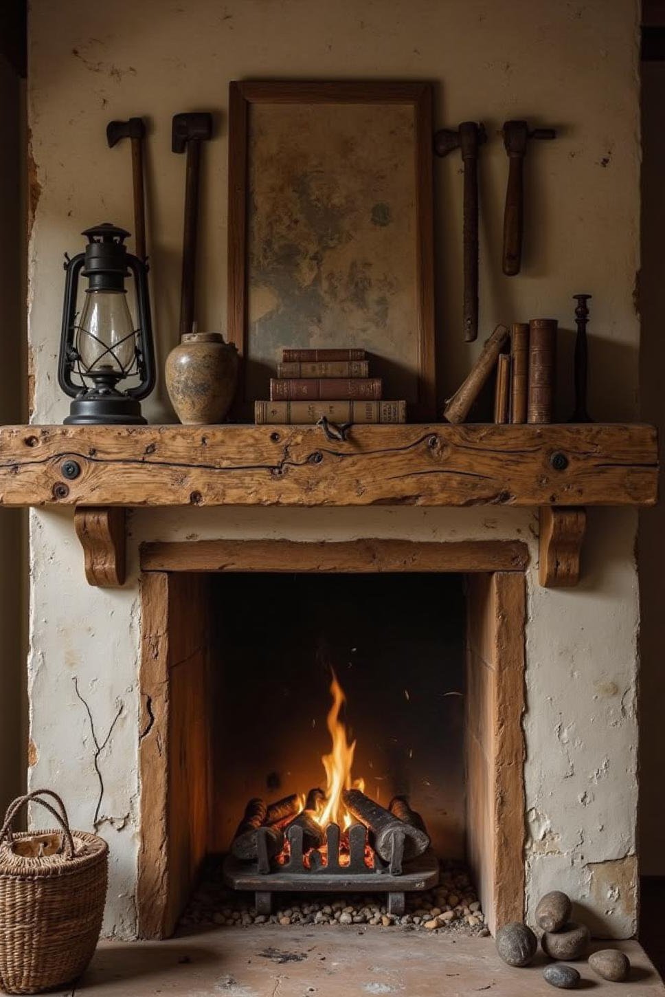 Rustic Wood Mantel: Antique Tools & Vintage Books