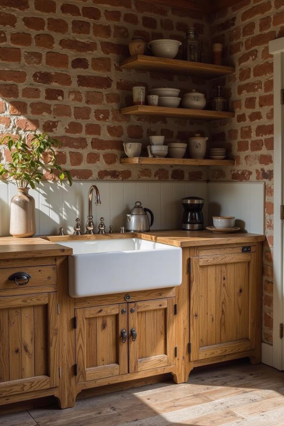 Rustic French Country Kitchen: Exposed Brick & Farmhouse Sink