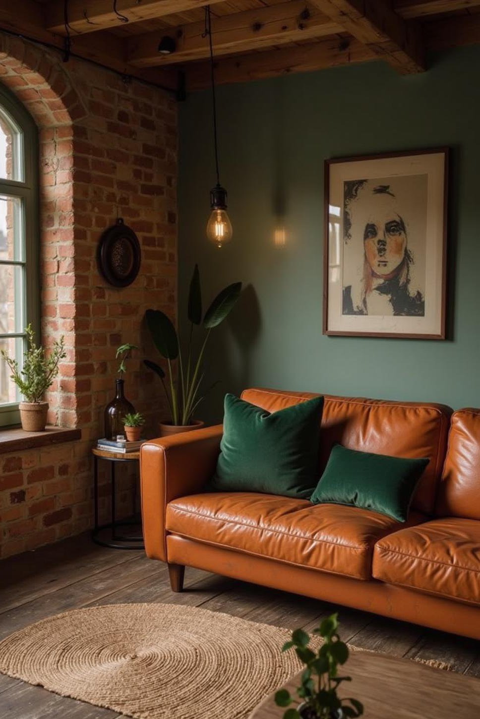 Rustic Burnt Orange & Green Living Room Design